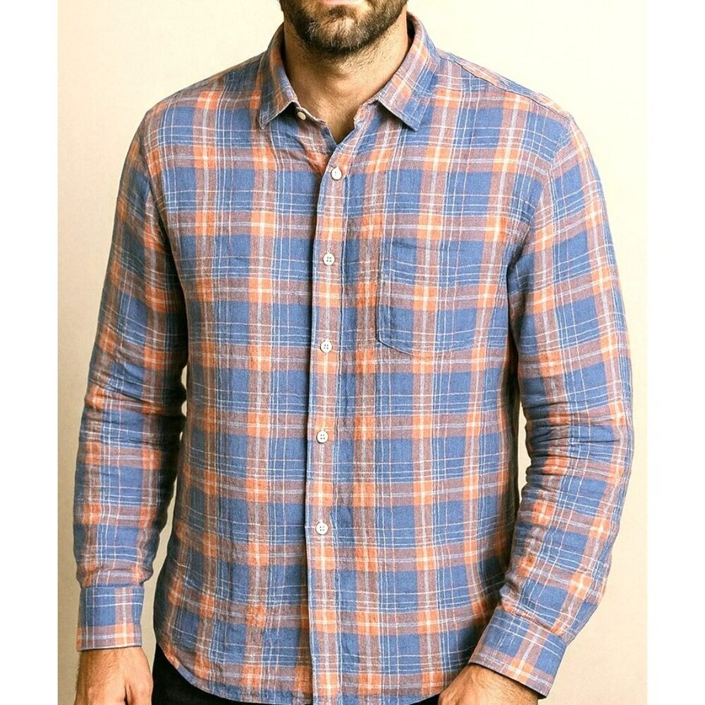 UNTUCKit Men's Linen Button Up Plaid Shirt Blue Pink Size Large Preppy Classic